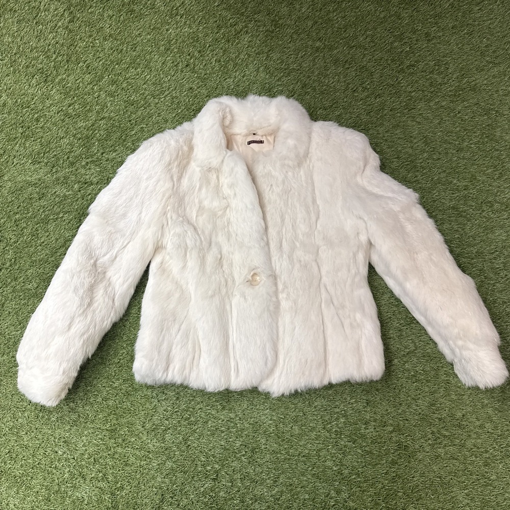 Womens Real White Rabbit Fur Coat M 39 Chest Jacket 1 Button Long Hair White